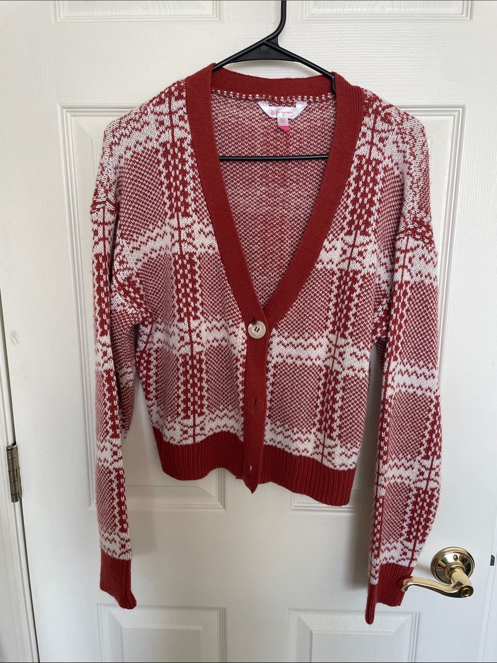 Burnt Orange and White Plaid Knit Cardigan Sweater